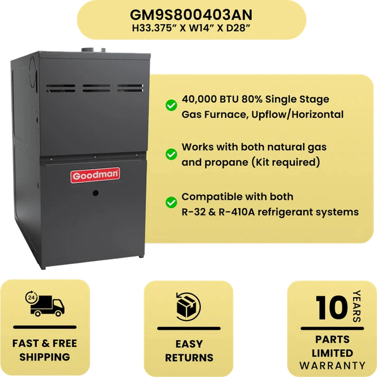 Goodman 1.5 Ton AC + 40K BTU Furnace Bundle | 14 SEER2 | 80% AFUE | R-32 | Upflow