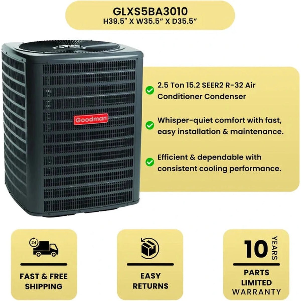 Goodman 2.5 Ton 15.2 SEER2 R-32 Air Conditioner Condenser