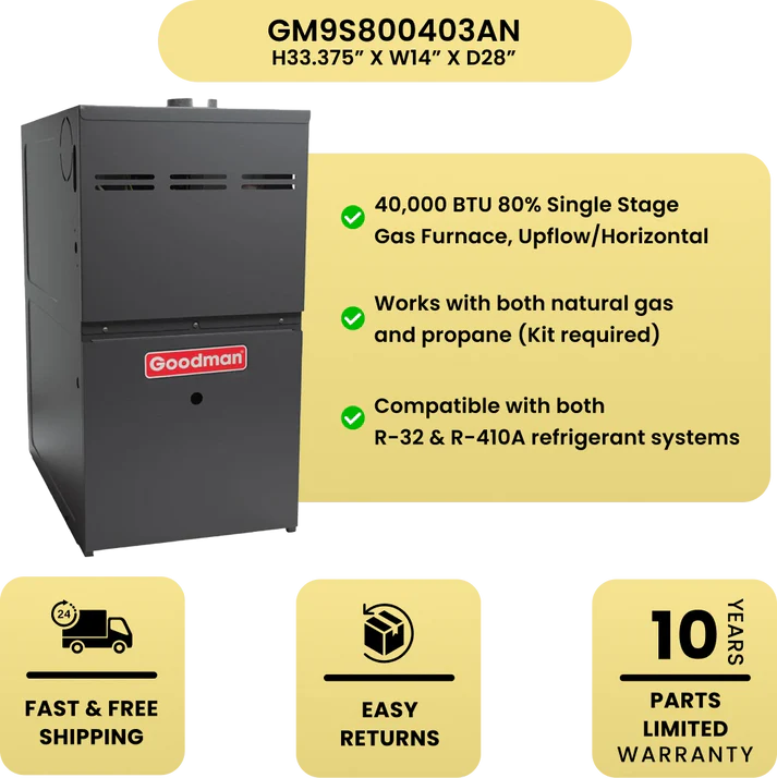 Goodman 1.5 Ton AC + 40K BTU Furnace Bundle | 14 SEER2 | 80% AFUE | R-32 | Upflow