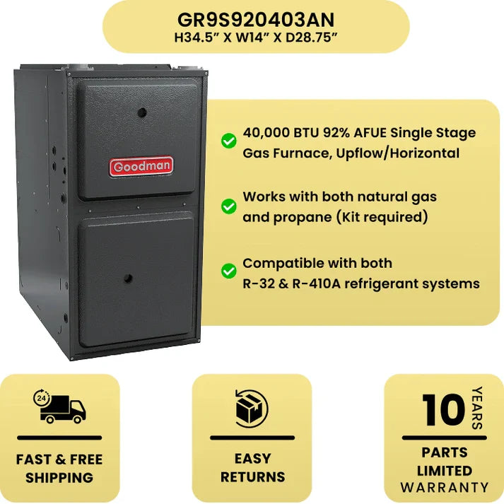 40,000 BTU 92% AFUE Single Stage Goodman Gas Furnace, Upflow/Horizontal