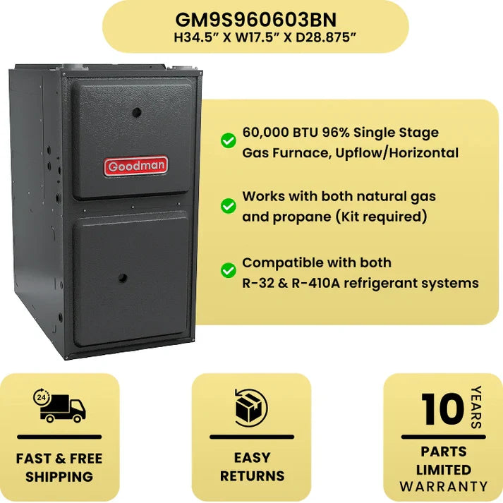 Goodman 60,000 BTU 96% Single Stage Gas Furnace, Upflow/Horizontal