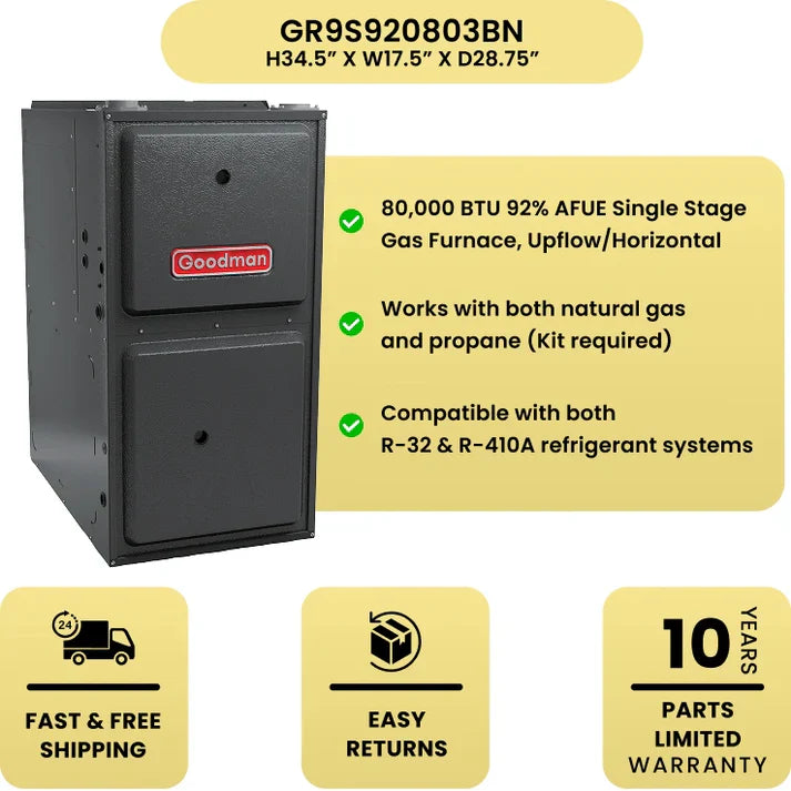80,000 BTU 92% AFUE Single Stage Goodman Gas Furnace, Upflow/Horizontal