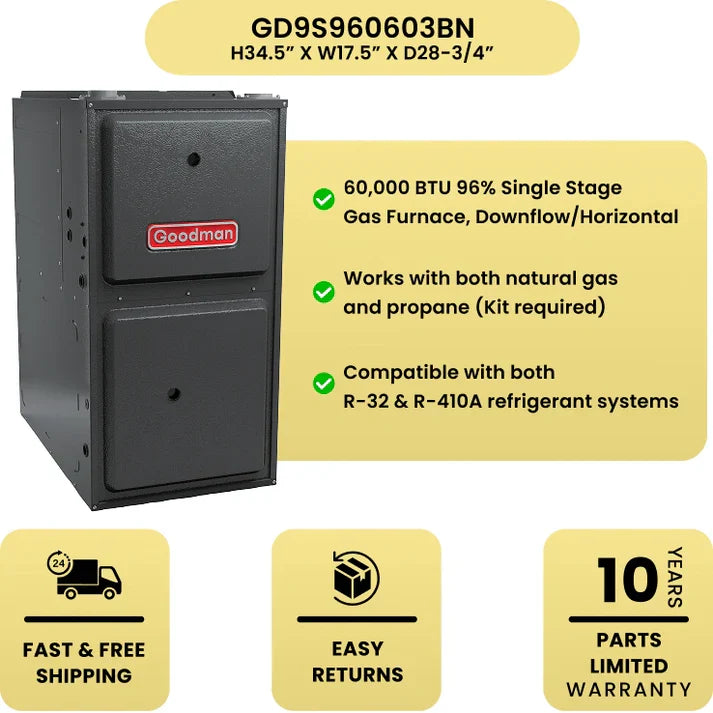 Goodman 60,000 BTU 96% Single Stage Gas Furnace, Downflow/Horizontal